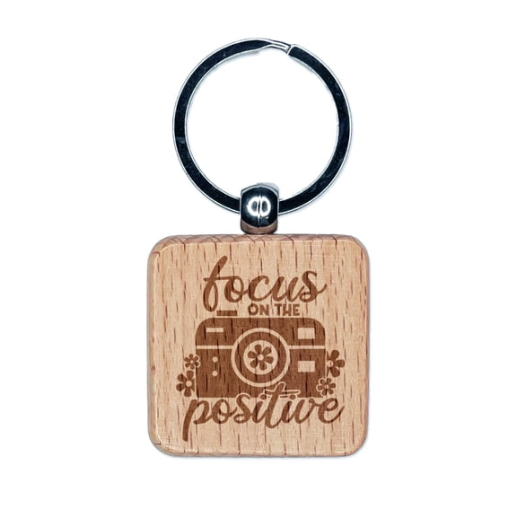 Focus on the Positive Camera Pun Square Keychain Charm Tag - Engraved Wood