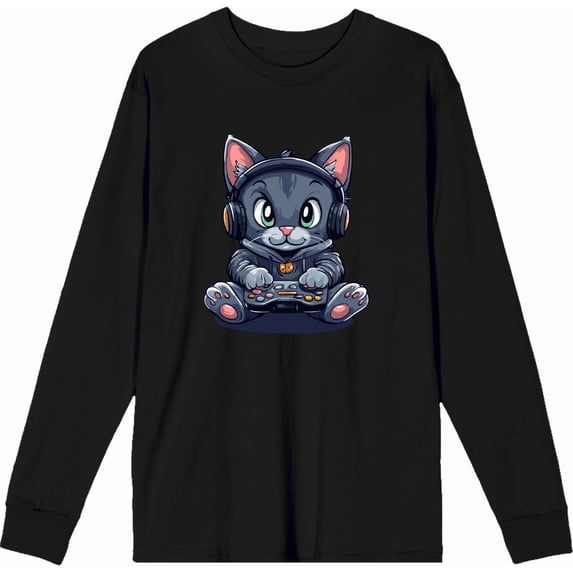 Focused Gamer Cat Adult Black Crew Neck Long Sleeve Tee-Medium