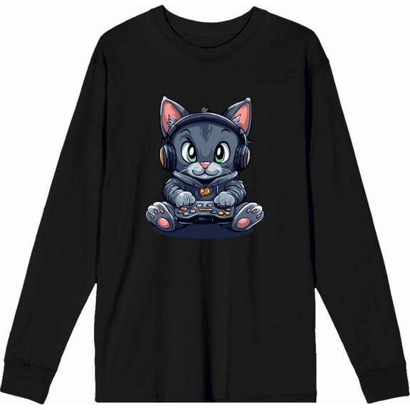 Focused Gamer Cat Adult Black Crew Neck Long Sleeve Tee-Small