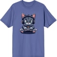 thumbnail image 1 of Focused Gamer Cat Adult Blue Crew Neck Short Sleeve Tee-Medium, 1 of 6
