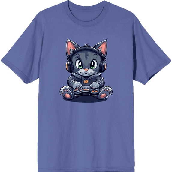 Focused Gamer Cat Adult Blue Crew Neck Short Sleeve Tee-Medium
