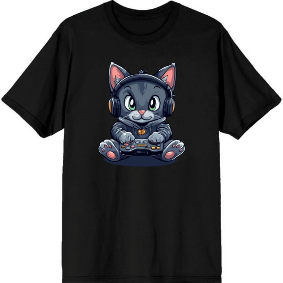 Focused Gamer Cat Adult Blue Crew Neck Short Sleeve Tee-XS
