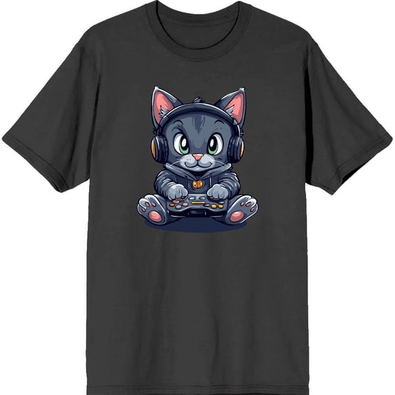 Focused Gamer Cat Adult Charcoal Crew Neck Short Sleeve Tee-XXL