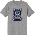 thumbnail image 1 of Focused Gamer Cat Adult Heather Gray Crew Neck Short Sleeve Tee-Medium, 1 of 4