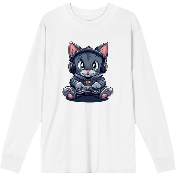 Focused Gamer Cat Adult White Crew Neck Long Sleeve Tee-Medium
