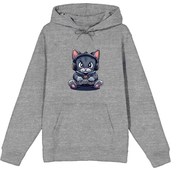 Focused Gaming Cat Adult Heather Gray Long Sleeve Hoodie-XXL