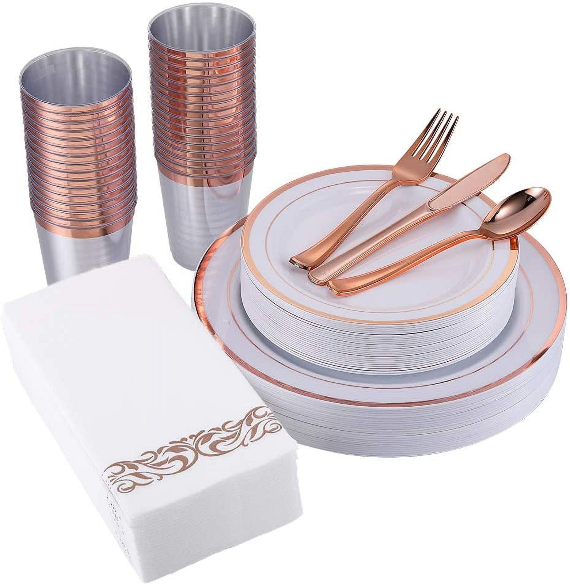 Focusline [175pack] Disposable Dinnerware Set 25 Guest50 Rose Gold Rim