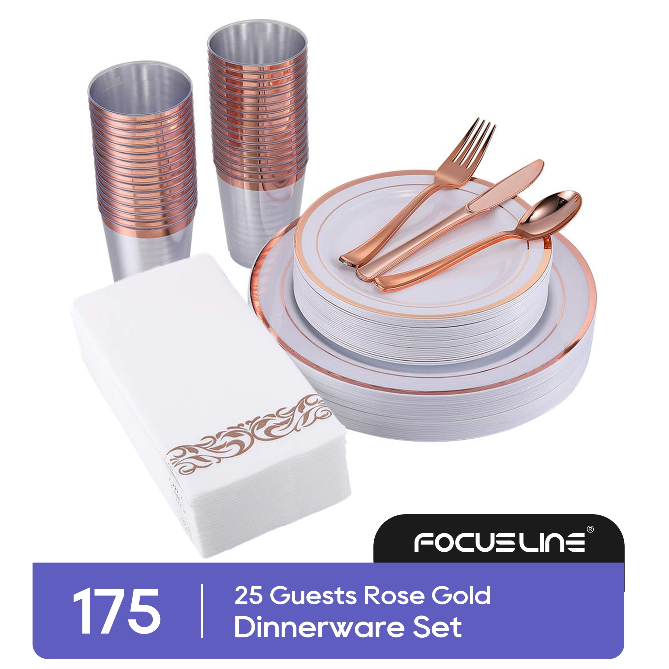 Focusline [175pack] Disposable Dinnerware Set 25 Guest-50 Rose Gold Rim Plastic Plates-25 Rose Gold Plastic Silverware-25 Rose Gold Plastic Cups-25 Linen Feel Paper Napkins