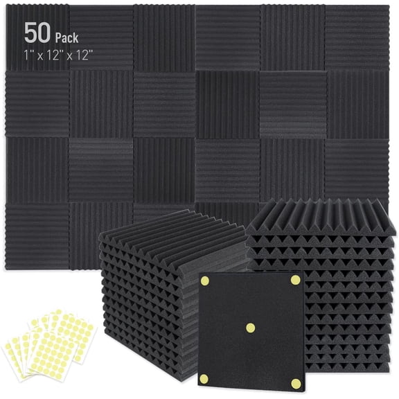 Focusound 50 Pack Acoustic Foam Panels 1" x 12" x 12" Sound Proof Foam Panles Soundproofing Noise Cancelling Wedge Panels for Home Office Recoding Studio with 300PCS Double-Side Adhesive