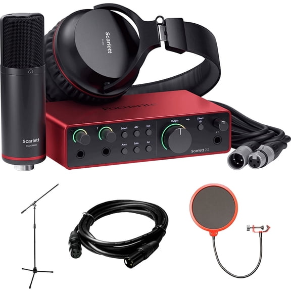 Focusrite AMS-SCARLETT-2I2-STU Scarlett 2i2 Studio 4th Gen Audio Interface Bundle with Mic, Headphones + XLR Male to XLR Female Cable + Universal Pop Filter Wind Screen + Microphone Stand with Boom