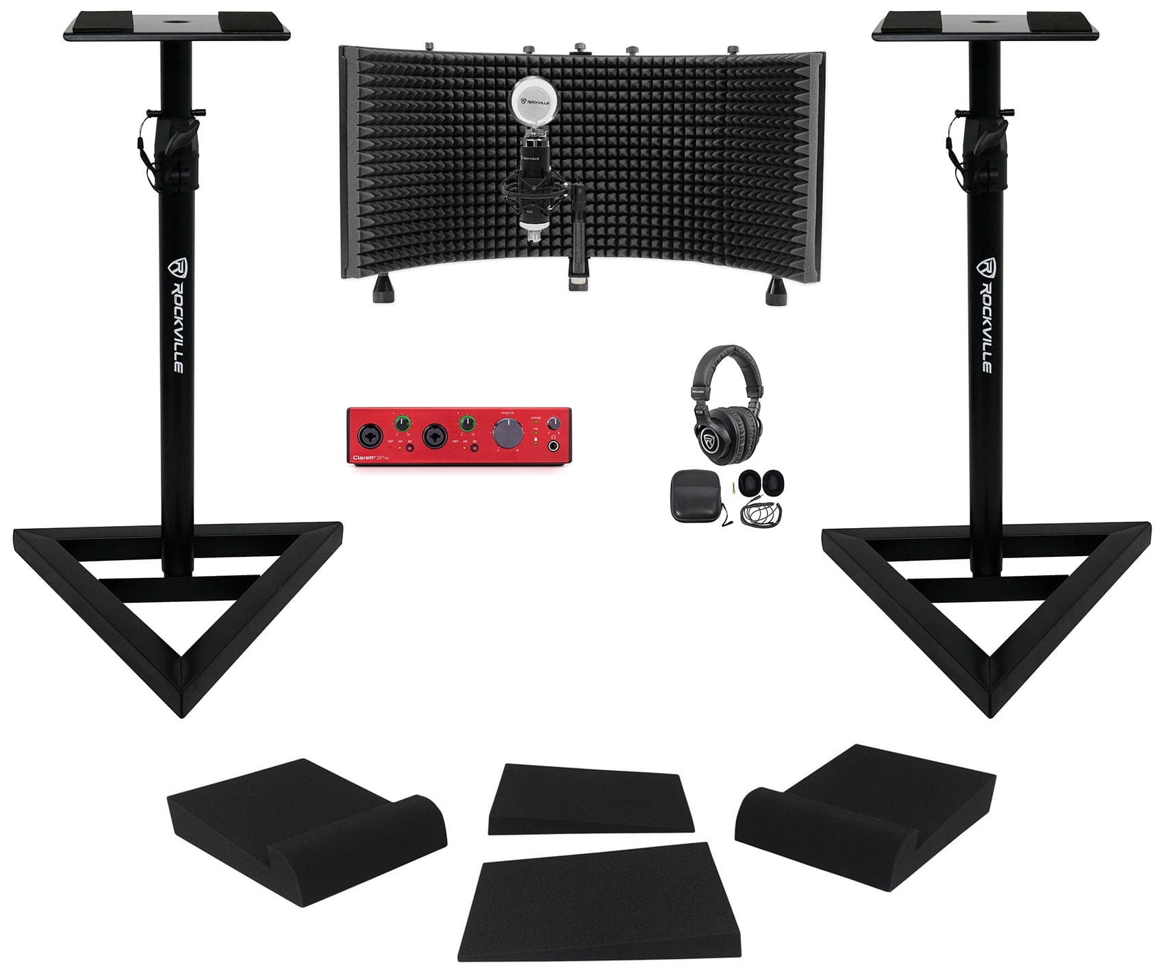 Focusrite Clarett Plus 2Pre Bundle: Interface, APM5B Monitors, PRO-M50 Headphones, RCM03 Mic, Shield Kit Pro Use, 5-items