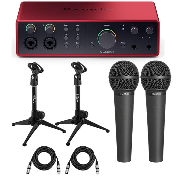 Focusrite Scarlett 16i16 4th Gen USB Audio Interface with Software Suite, Bundle with 2x XM8500 Vocal Microphone, 2x Tripod Tabletop Microphone Stand, 2x 15' XLR Male to Female Cable