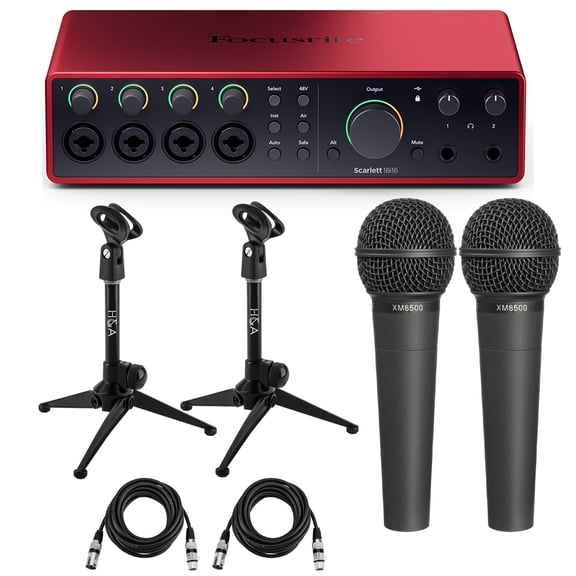 Focusrite Scarlett 18i16 4th Gen USB Audio Interface with Software Suite, Bundle with 2x XM8500 Vocal Microphone, 2x Tripod Tabletop Microphone Stand, 2x 15' XLR Male to Female Cable