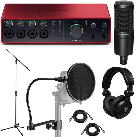 Focusrite Scarlett 18i16 4th Gen USB Audio Interface with Software Suite, Bundle with AT2020 Condenser Microphone, Pop Filter, Tripod Microphone Stand, TAPH100 Monitor Headphones, 2x 25' XLR Male to