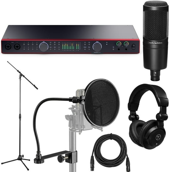 Focusrite Scarlett 18i20 4th Gen USB Audio Interface with Software Suite, Bundle with AT2020 Microphone, TAPH100 Headphones, Pop Filter, Tripod Microphone Stand, 25' XLR Male to Female Cable