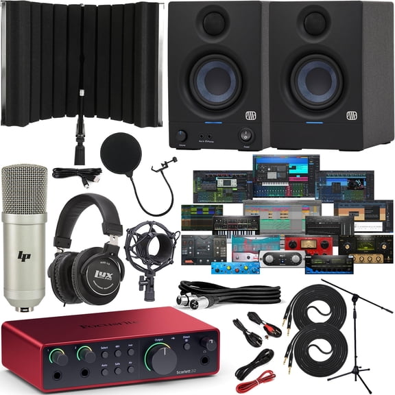 Focusrite Scarlett 2i2 4th Gen USB Audio Interface Bundle W/Studio Monitors, Software & Sound Shield