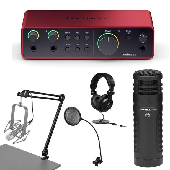 Focusrite Scarlett 2i2 4th Gen USB Audio Interface with Software, Bundle Hyper-Cardioid Dynamic Mic, Broadcast Arm w Springs & Integrated 10' XLR Cable, Studio Monitor Headphones, Pop Filter