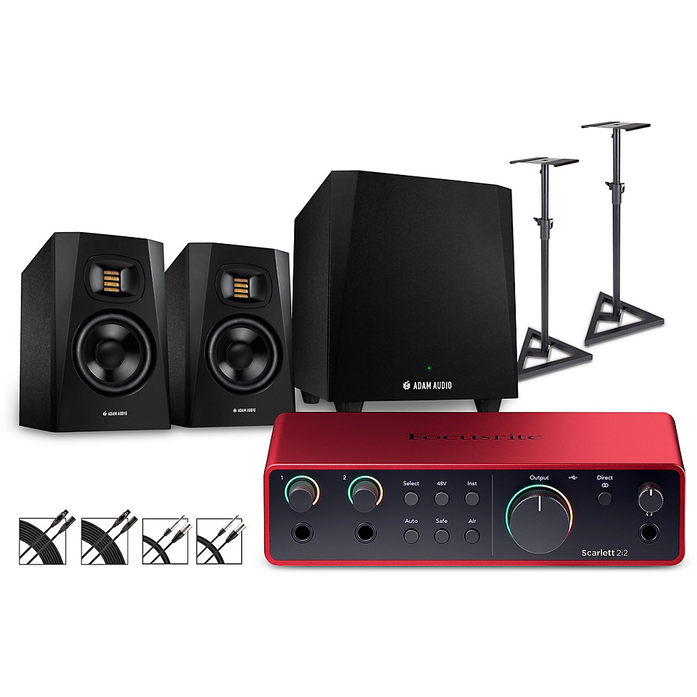 Focusrite Scarlett 2i2 4th Gen With Adam Audio T-Series Studio Monitor Pair & T10S Subwoofer Bundle (Stands & Cables Included) T5V