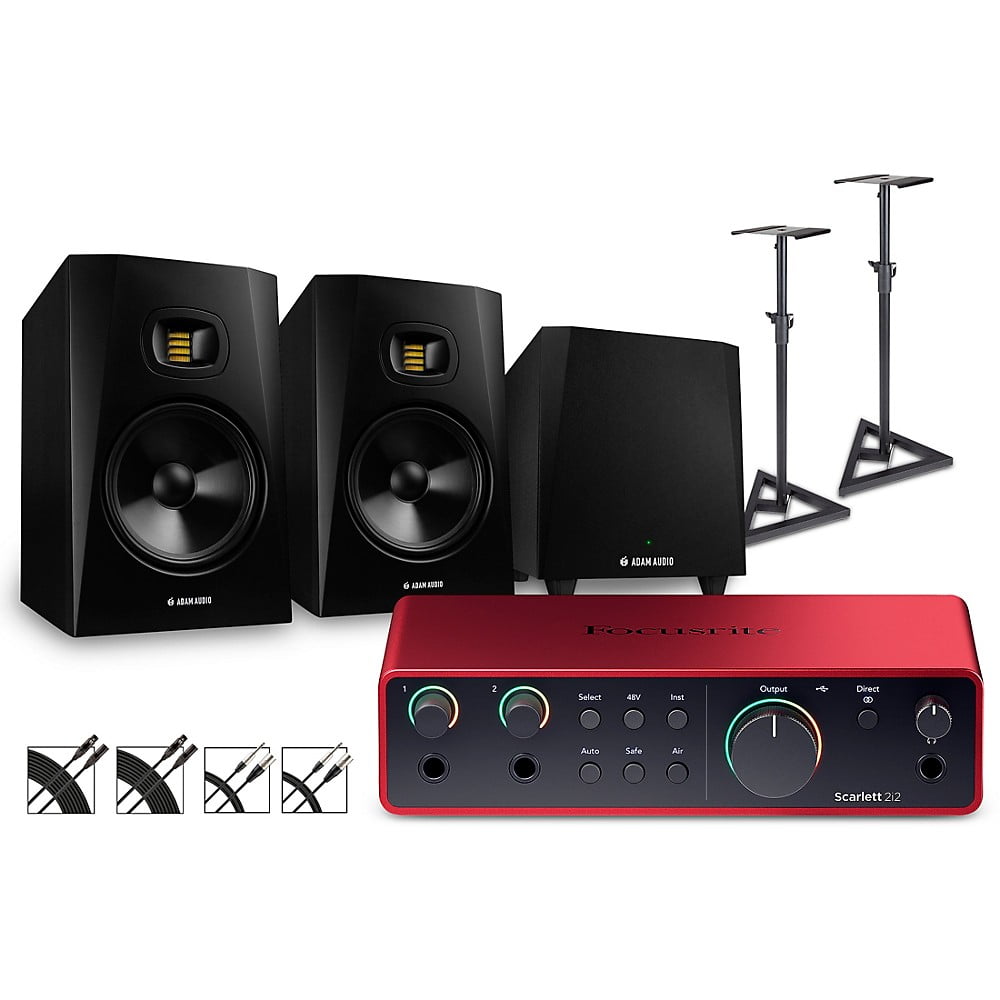Focusrite Scarlett 2i2 4th Gen With Adam Audio T-Series Studio Monitor Pair & T10S Subwoofer Bundle (Stands & Cables Included) T8V