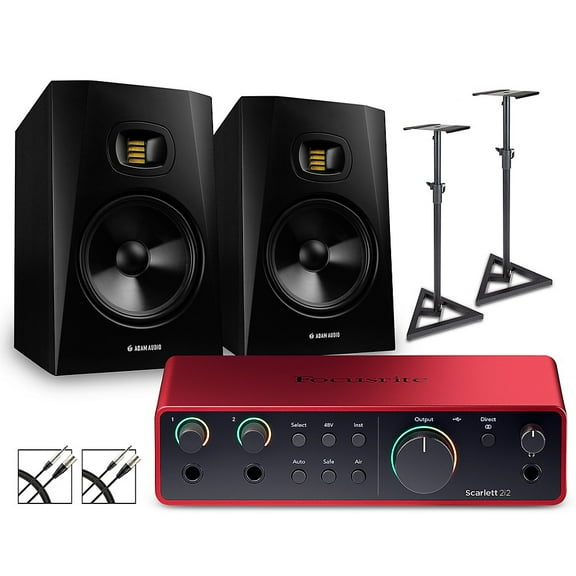 Focusrite Scarlett 2i2 4th Gen With Adam Audio T-Series Studio Monitors (Stands & Cables Included) T8V