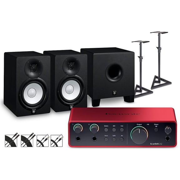 Focusrite Scarlett 2i2 4th Gen With Yamaha HS Studio Monitor Pair & HS8S Subwoofer Bundle (Stands & Cables Included) HS7