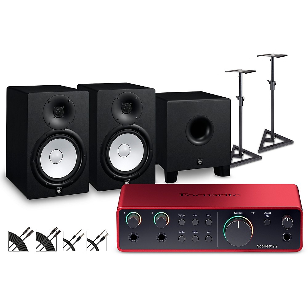 Focusrite Scarlett 2i2 4th Gen With Yamaha HS Studio Monitor Pair & HS8S Subwoofer Bundle (Stands & Cables Included) HS8