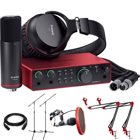 Focusrite Scarlett 2i2 Studio 4th Gen Audio Interface with Mic, Headphones Bundle with 2x Microphone Scissor Arm Stand + Pop Filter Wind Screen +2x Stand with Boom+ XLR 10' Male to Female 16AWG Cable