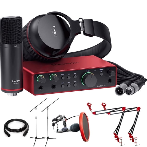 Focusrite Scarlett 2i2 Studio 4th Gen Audio Interface with Mic, Headphones Bundle with 2x Microphone Scissor Arm Stand + Pop Filter Wind Screen +2x Stand with Boom+ XLR 10' Male to Female 16AWG Cable