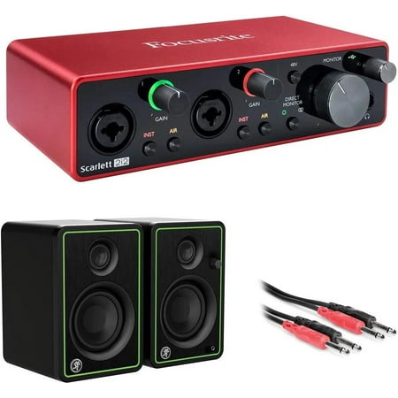 Focusrite Scarlett 2i2 USB Audio Interface 3rd Ge, Mackie CR3-X Powered Monitors & MR DJ 1/4" TO 1/4" Cable