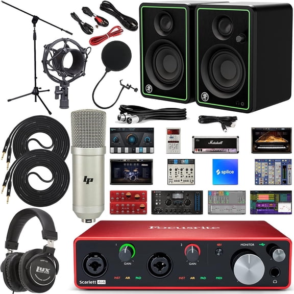 Focusrite Scarlett 4i4 4thGen USBC Interface Bundle  Studio Monitors, Headphones & Software Kit