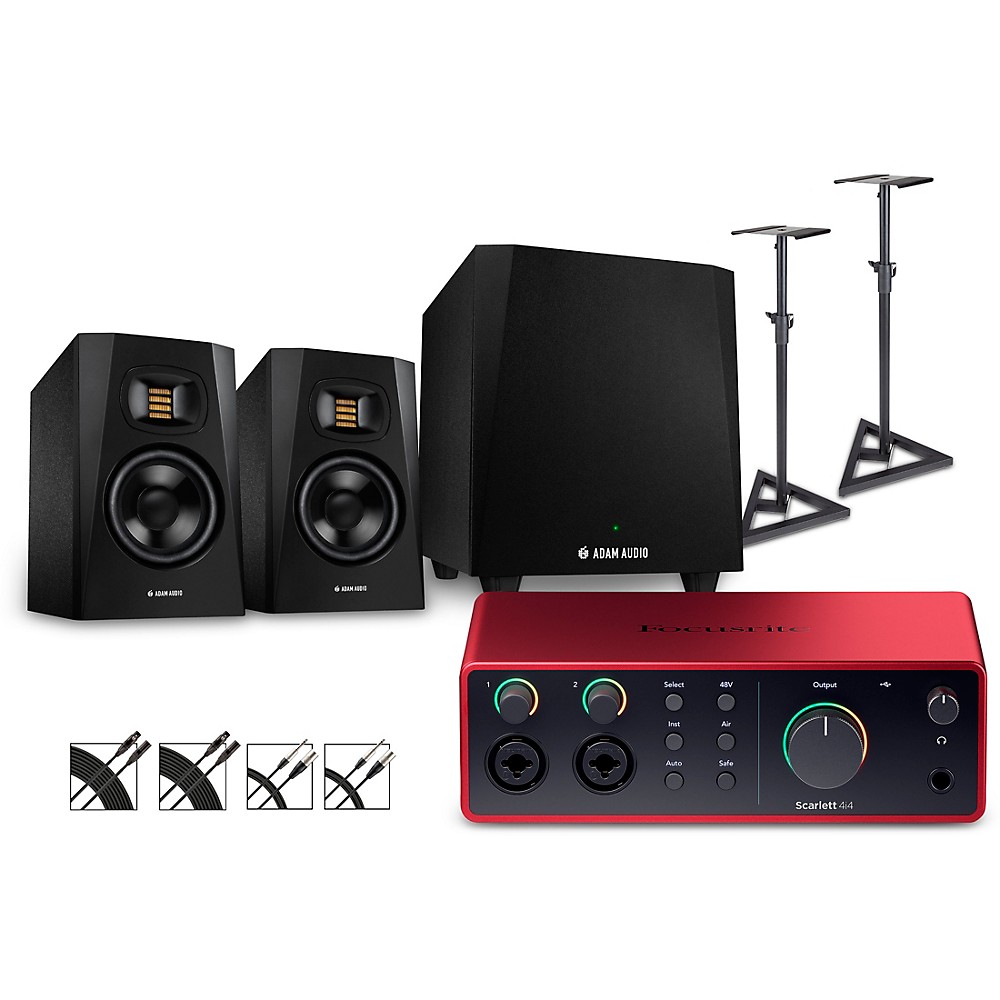 Focusrite Scarlett 4i4 4th Gen With Adam Audio T-Series Studio Monitor Pair & T10S Subwoofer Bundle (Stands & Cables Included) - T5V