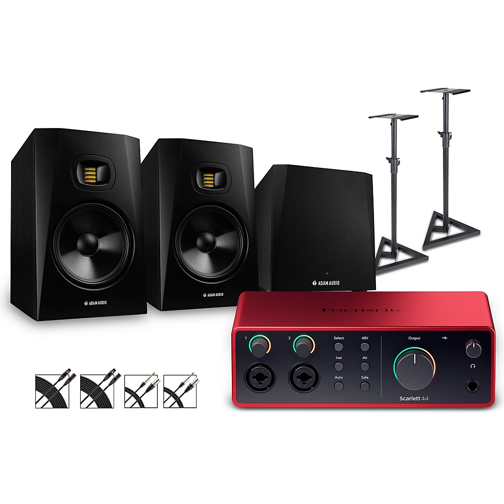 Focusrite Scarlett 4i4 4th Gen With Adam Audio T-Series Studio Monitor Pair & T10S Subwoofer Bundle (Stands & Cables Included) - T8V