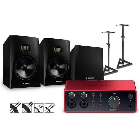 Focusrite Scarlett 4i4 4th Gen With Adam Audio T-Series Studio Monitor Pair & T10S Subwoofer Bundle (Stands & Cables Included) T8V