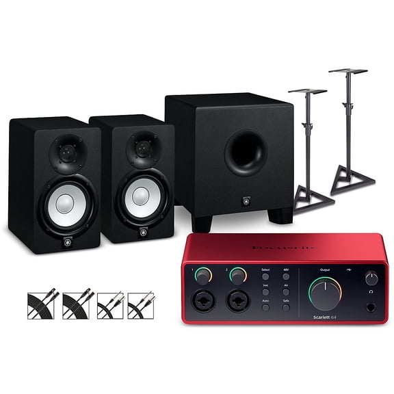 Focusrite Scarlett 4i4 4th Gen With Yamaha HS Studio Monitor Pair & HS8S Subwoofer Bundle (Stands & Cables Included) - HS5