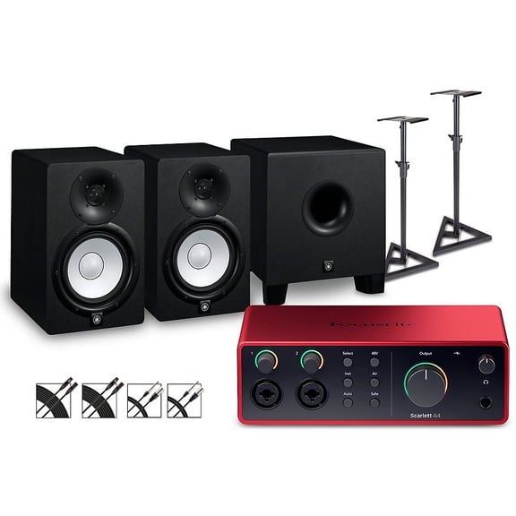 Focusrite Scarlett 4i4 4th Gen With Yamaha HS Studio Monitor Pair & HS8S Subwoofer Bundle (Stands & Cables Included) HS7