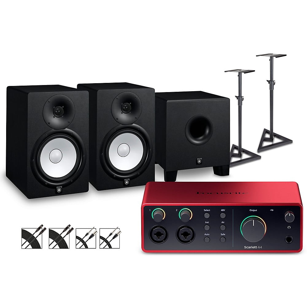 Focusrite Scarlett 4i4 4th Gen With Yamaha HS Studio Monitor Pair & HS8S Subwoofer Bundle (Stands & Cables Included) - HS8