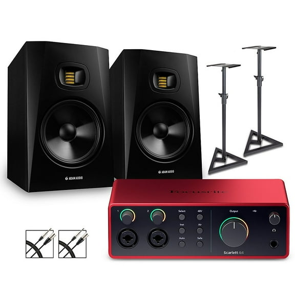Focusrite Scarlett 4i4 Gen 4 with Adam Audio T-Series Studio Monitor Pair Bundle (Stands & Cables Included) T8V