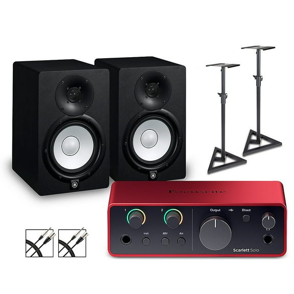 Focusrite Scarlett Solo 4th Gen With Yamaha HS Studio Monitor Pair Bundle (Stands & Cables Included) HS7