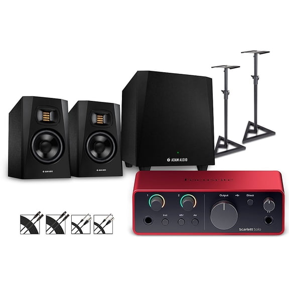 Focusrite Scarlett Solo Gen 4 with Adam Audio T-Series Studio Monitor Pair & T10S Subwoofer Bundle (Stands & Cables Included) T5V