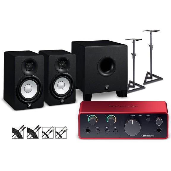 Focusrite Scarlett Solo Gen 4 with Yamaha HS Studio Monitor Pair & HS8S Subwoofer Bundle (Stands & Cables Included) HS5