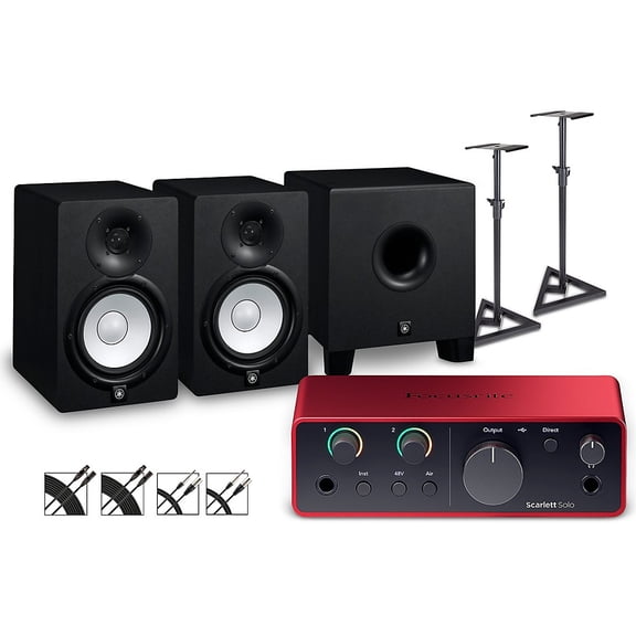 Focusrite Scarlett Solo Gen 4 with Yamaha HS Studio Monitor Pair & HS8S Subwoofer Bundle (Stands & Cables Included) HS7