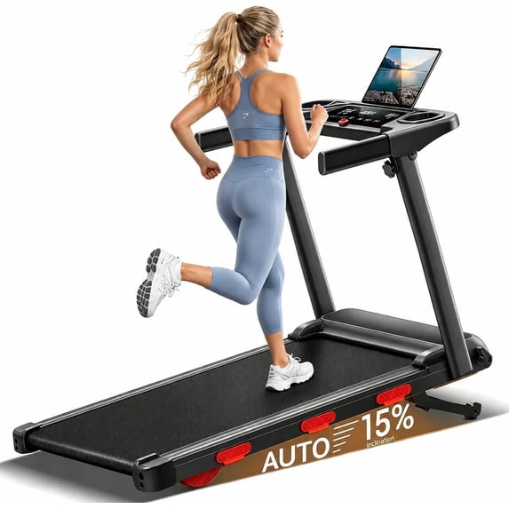 Fodoss 15% Auto Incline Treadmills for Home,3.0HP Motor, 350LB Capacity Walking Pad with Handrails & 3 Led Screens