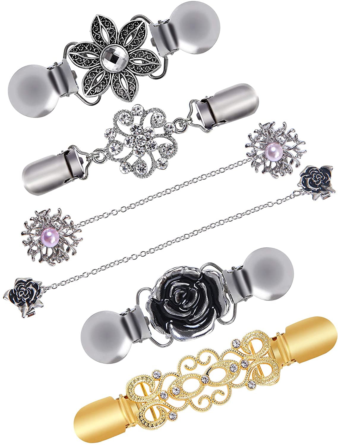 Foeses 6PCS Fit Dress Cinch Clips Set, Scarf Clip, Retro Cardigan Collar Clips, Shirt clip, Dresss Clips Back Cinch, Shawl Clip Sweater Clips, Coat Chain Clips for Women Antique Flowers