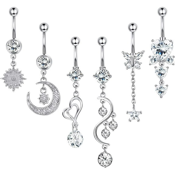 Foeses Dangle Belly Button Ring Silver, Hypoallergenic 316 Stainless Steel, 14G, 3/8" Length, 6pcs