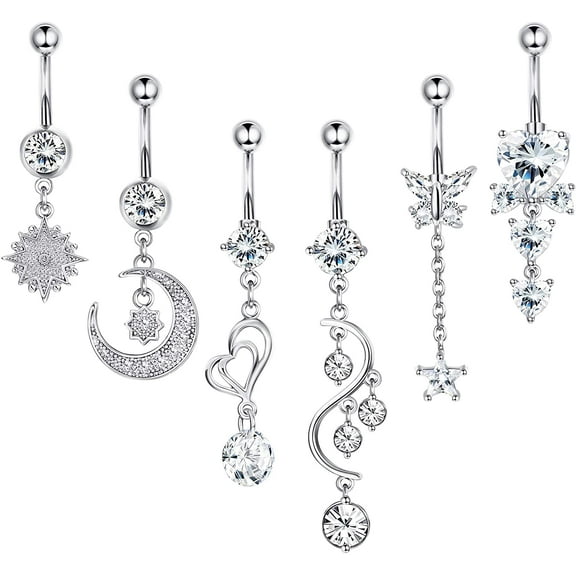 Foeses Dangle Belly Button Ring Silver, Hypoallergenic 316 Stainless Steel, 14G, 3/8" Length, 6pcs
