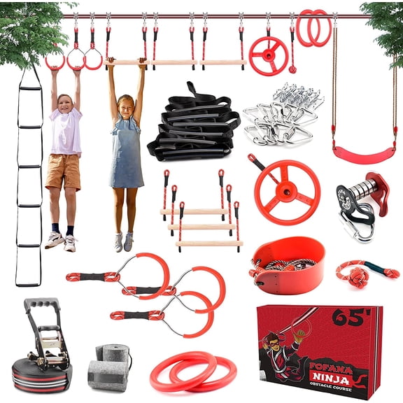 Fofana Ninja Warrior Obstacle Course 65FT Kids 8+ Outdoor Backyard 11 Obstacles Slackline Set