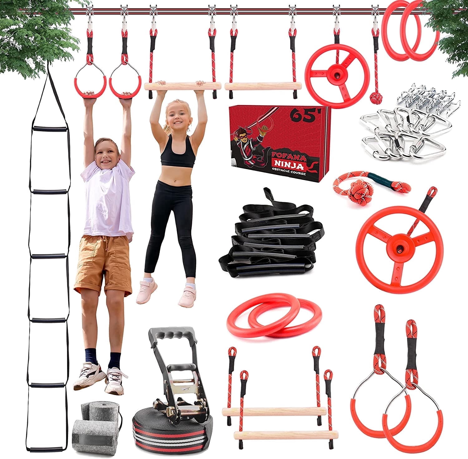 Fofana Ninja Warrior Obstacle Course 32 Piece Kids Backyard Playset 65 ft Slackline Ages 6+ Outdoor deal from Walmart