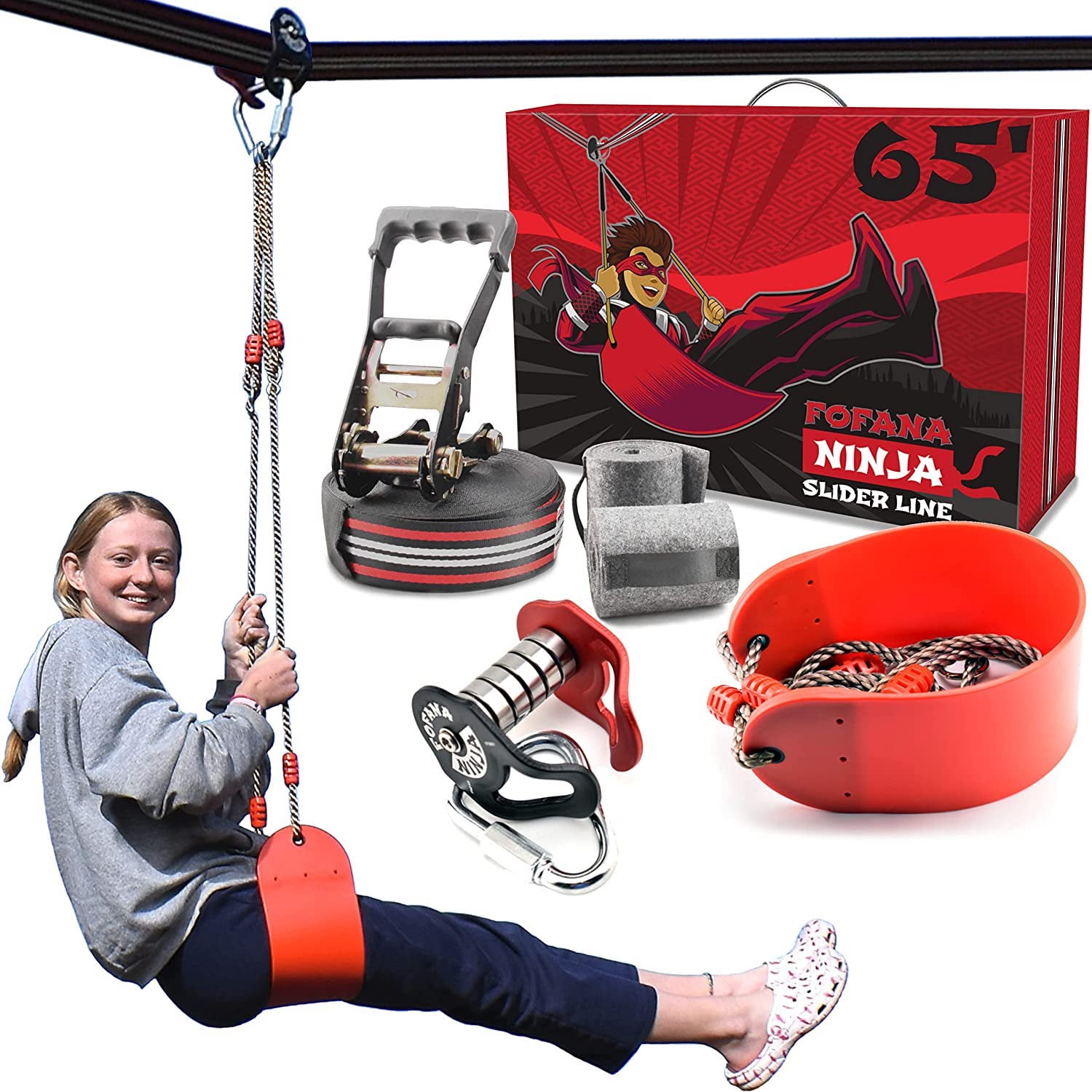 Fofana Original Ninja Slider Zip Lines for Kids and Adults - 65 ft  Slackline Zipline Kits for Backyard 