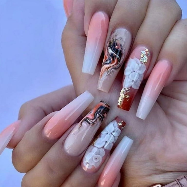 Fofosbeauty 24 PCS Coffin Fake Nails Long Press on Nails Gift for Girls Womens Coffin Amber and Gradually Colored