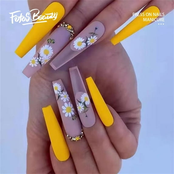 Fofosbeauty 24 PCS Press on Nails Long Coffin Fake Nails Yellow Nails Glossy False Nails Full Cover Prom Nails, Yellow Daisy